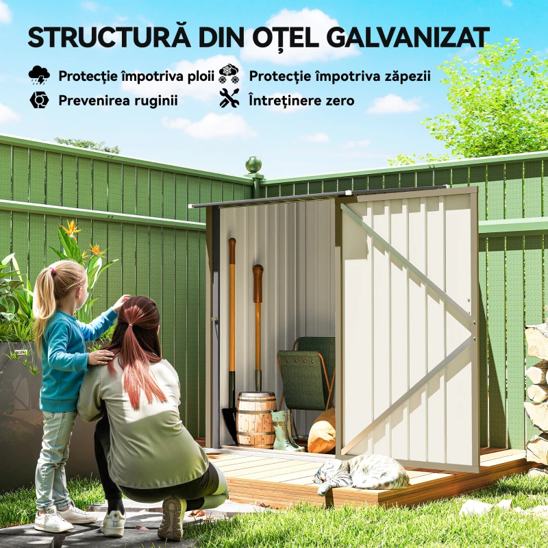 Outsunny Căsuță de Grădină pentru Depozitarea Uneltelor din Oțel Galvanizat cu Ușă, 100x104x160 cm, Maro și Gri Închis