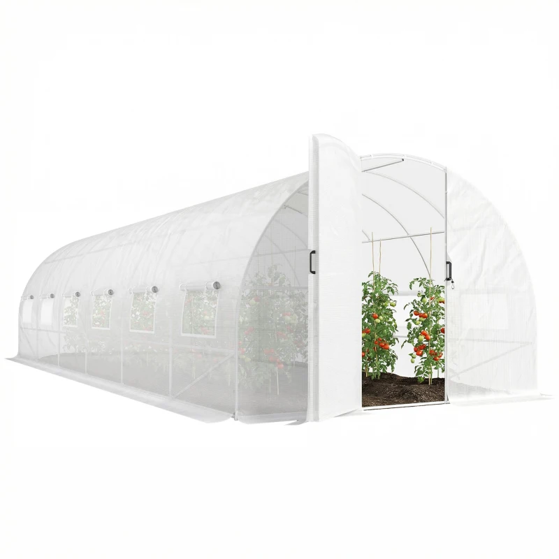 Outsunny Serre tunnel de jardin 24m², serre de jardin tunnel avec portes et 12 fenêtres avec moustiquaires, 295x798x199cm, blanc