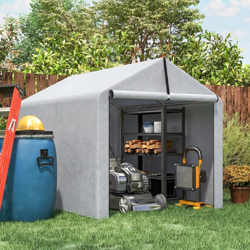 Outsunny Tenda de Jardim Exterior para Ferramentas e Bicicletas com Estrutura de Aço Galvanizado e Porta Enrolável, Cinzento