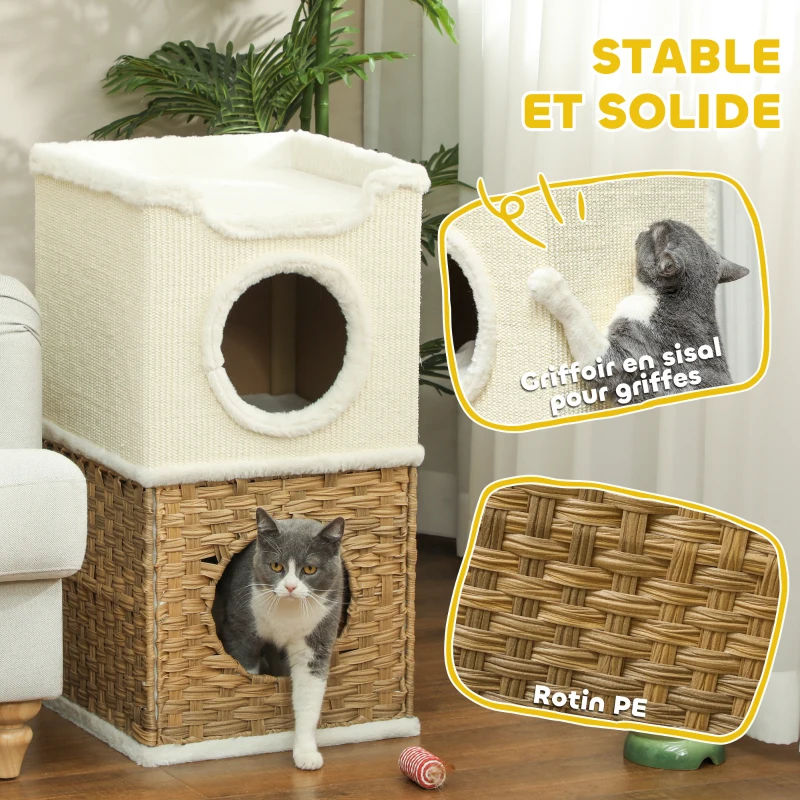 PawHut Niche pour chat d'intérieur à 3 niveaux, tour pour chat avec griffoir en sisal à griffer 41 x 41 x 75,5 cm, crème