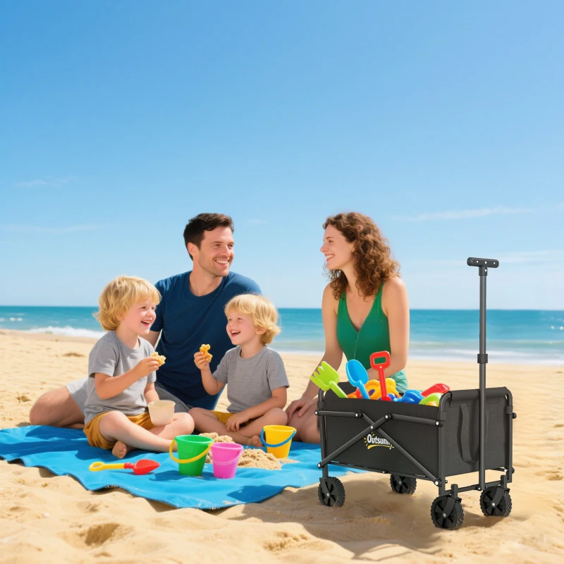 Outsunny Bollerwagen Faltbar Handwagen 360° Gartenwagen mit verstellbarem Griff Strandwagen bis 60 kg für Sport Einkauf Schwarz