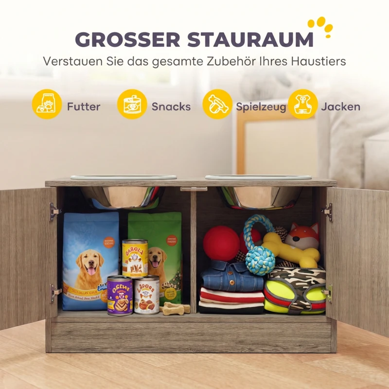 PawHut Hundefutterstation mit 2 Edelstahl-Näpfen, Schrank für Utensilien, für große Hunde, Zubehör, Braun