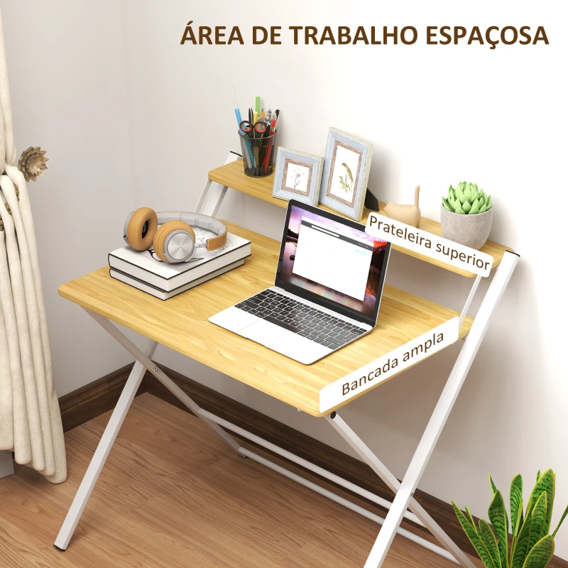 HOMCOM Secretária Dobrável com Prateleira Aberta Secretária Pequena para Escritório Casa 86x66x82 cm Madeira