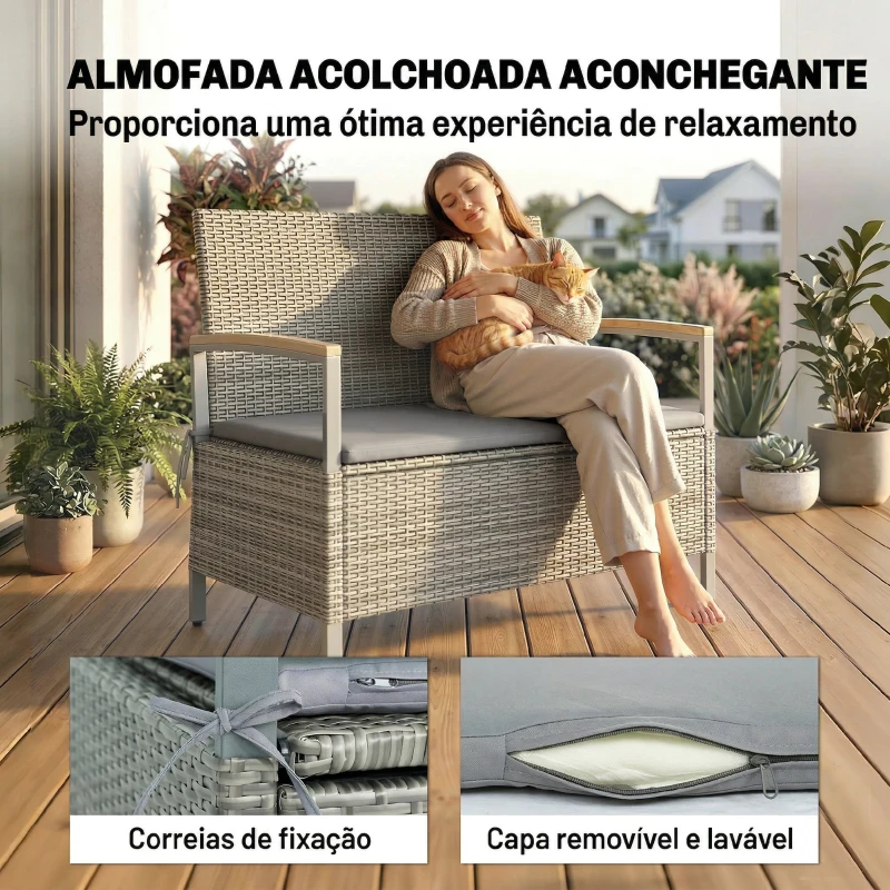 Outsunny Banco de Armazenamento Exterior 170 L com Almofada Lavável Encosto Apoios de Braços em Madeira de Acácia Cinzento Claro