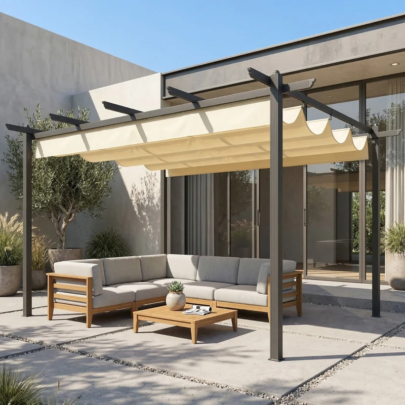 Outsunny Pérgola de Jardim 4x3 m com Telhado Retrátil Estrutura de Alumínio UPF30+ Orifícios de Drenagem Pérgola de Exterior Creme
