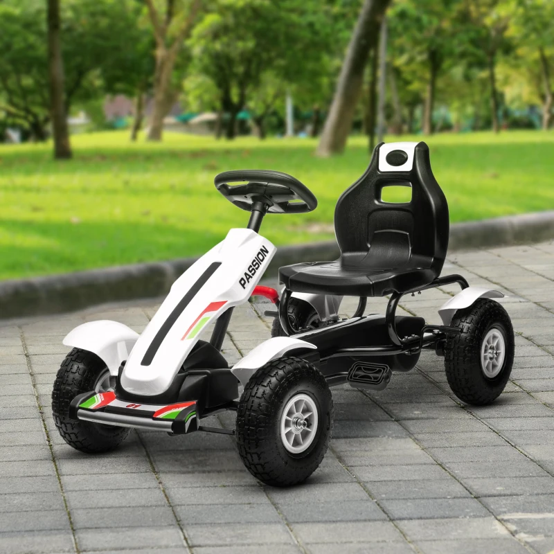 HOMCOM Kart cu Pedale pentru Copii, Plimbare Copii pe Masina de Curse cu Scaun Reglabil, Anvelope de Cauciuc Gonflabile, Frana de Mana, pentru Baieti si Fete cu Varsta Cuprinsa intre 5-12 ani, Alb