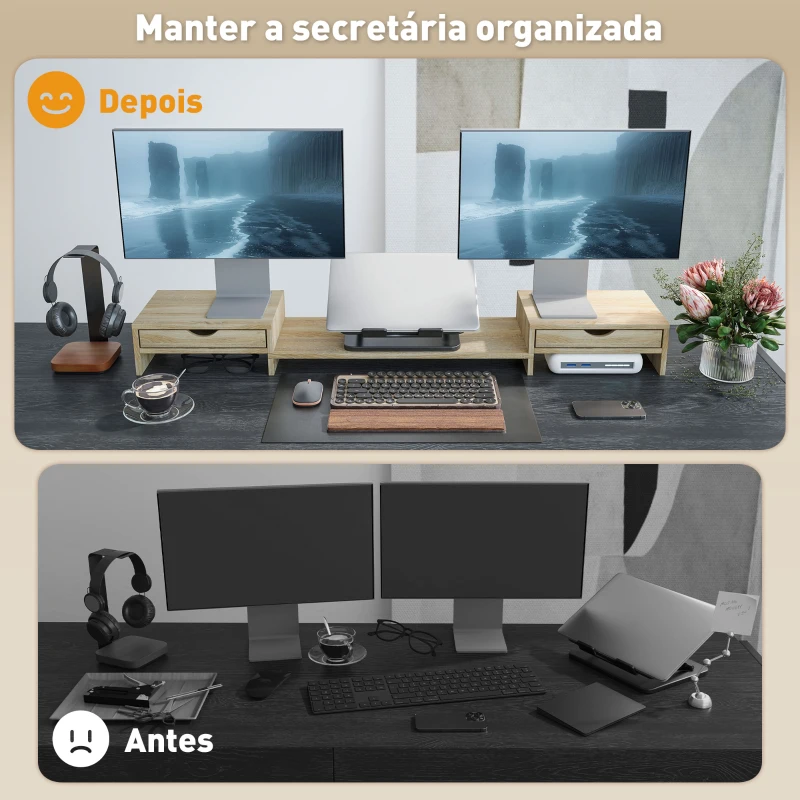 HOMCOM Suporte para Monitor com Ângulo e Comprimento Ajustável e 2 Gavetas para Escritório 60-116x22x12 cm Madeira