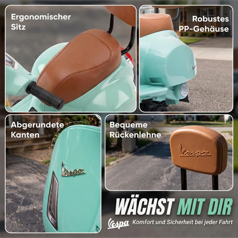AIYAPLAY Elektro Motorrad Kinder Mini Vespa GTS 6V Elektromotorrad mit Lithium-Akku Ergonomischer Sitz Rückenlehne 1,5-3 Jahren