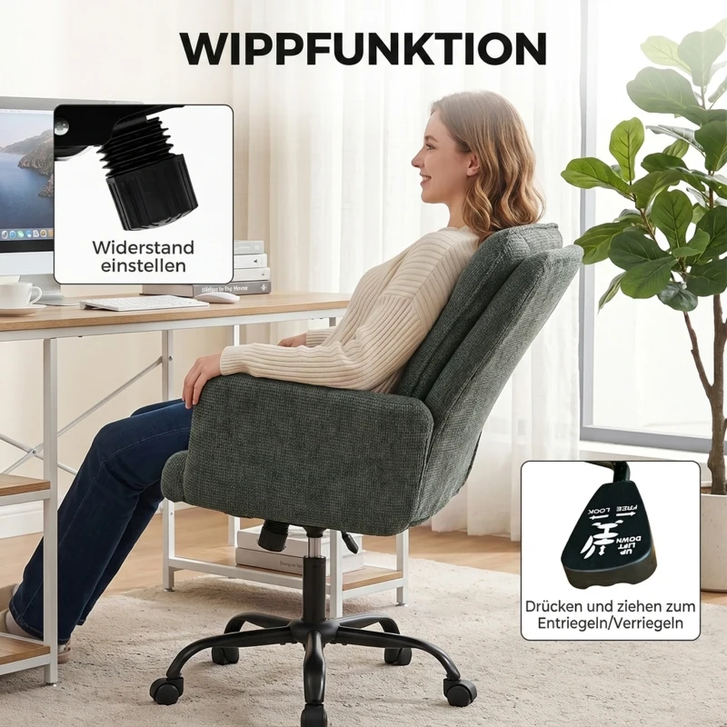HOMCOM Homeoffice-Schreibtischstuhl, Computerstuhl mit breiter Sitzfläche, mittlerer Rückenlehne, Leinenoptik, Dunkelgrün
