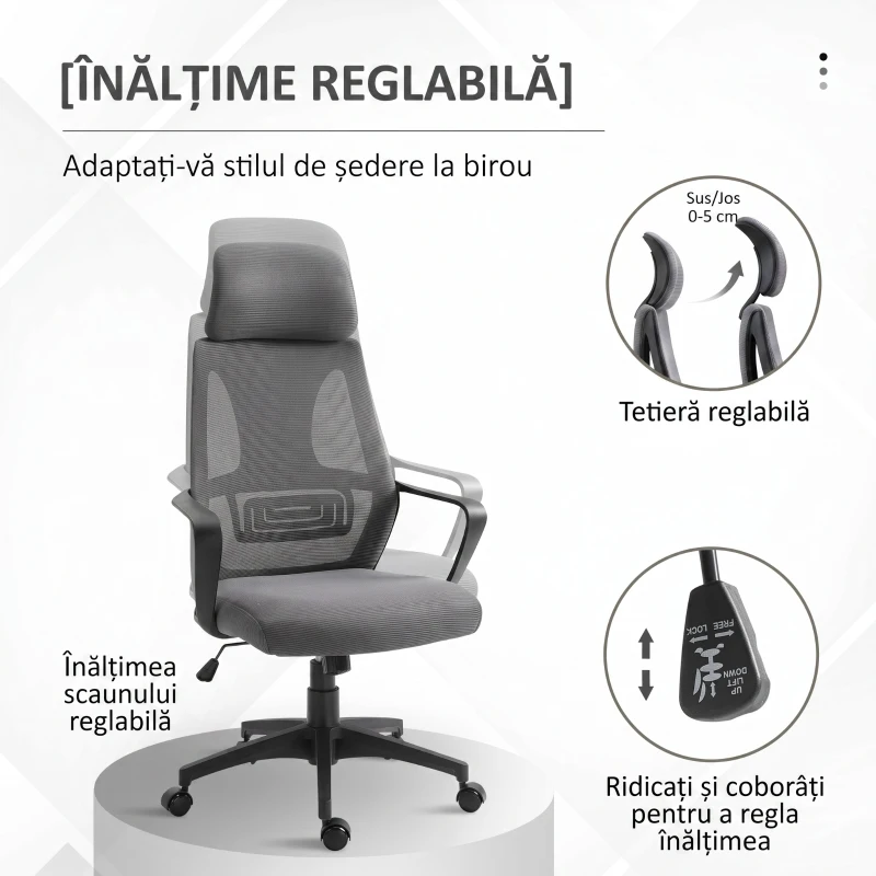 Vinsetto Scaun de Birou Rabatabil cu Tetieră și Suport Lombar, din Poliester, 64x55x116-126 cm, Negru