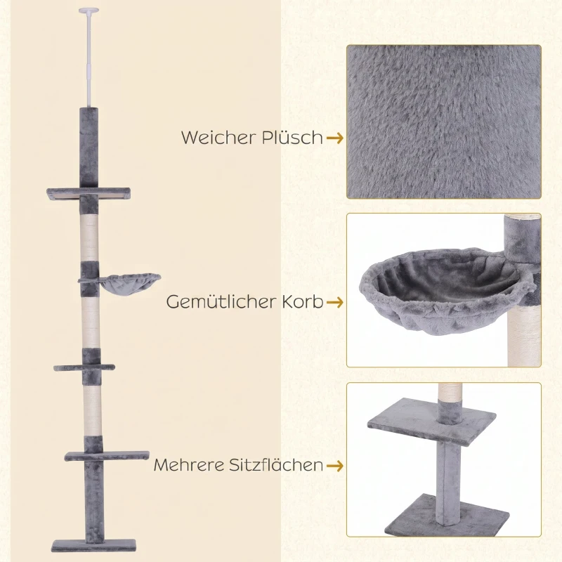 PawHut Copac pentru zgâriat cu 4 niveluri, înălțime reglabilă, din PAL, pluș și sisal, 40x34x230-260 cm, gri
