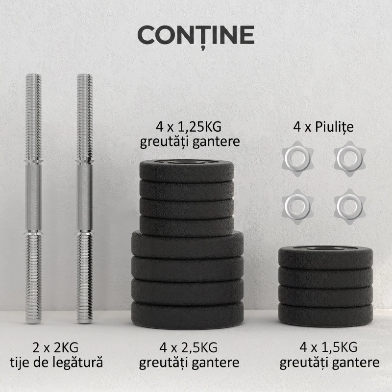 HOMCOM Set de gantere pentru sală de 25 kg în total, cu 12 discuri de greutăți și 2 bare de 2 kg, negru
