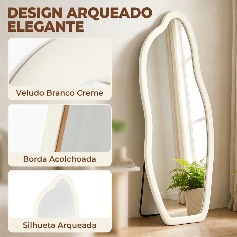 HOMCOM Espelho de Corpo Inteiro 160x60 cm, de Pé ou Parede, com Moldura Arqueada Aveludada, Creme