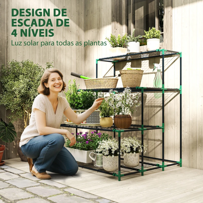 Outsunny Suporte para Plantas de 4 Níveis com Design em Escada e Estrutura Metálica Resistente para Interior e Exterior Verde