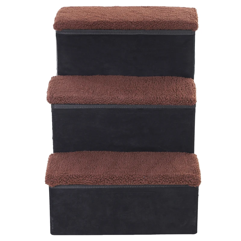 PawHut Escalera para Mascotas de 3 Peldaños Plegable con Tapas Abatibles y Espacio de Almacenamiento 3 Escalones de Perros Gatos Pequeños de Vellón Bereber para Cama Sofá 40x54x48 cm Negro