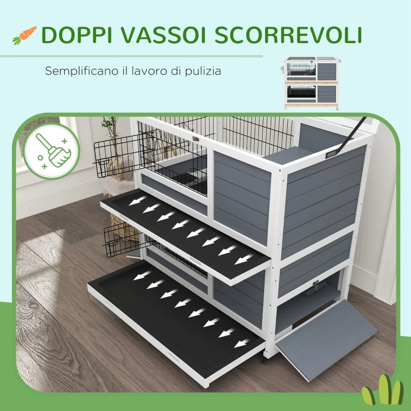PawHut Conigliera in Legno da Interno a 2 Livelli con Ruote, Vassoi Estraibili e Rampe, Grigio