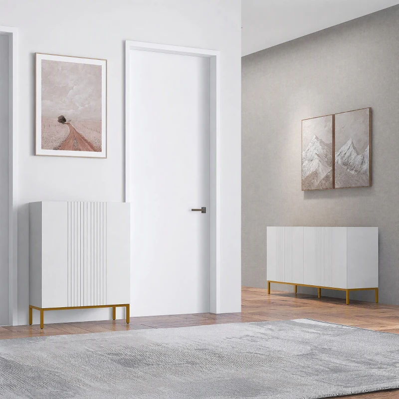 HOMCOM Buffet design contemporain graphique 2 placards porte étagères réglables en bois blanc métal doré(m-2)