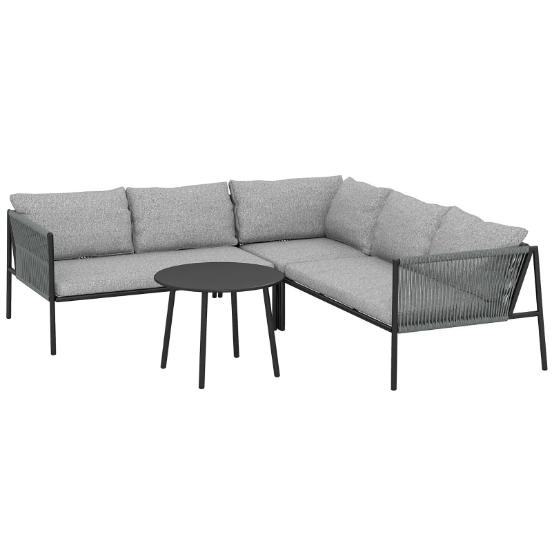 Outsunny Mobilier de Grădină din Ratan cu Colțar Modular, Măsuță de Cafea și Perne, Gri