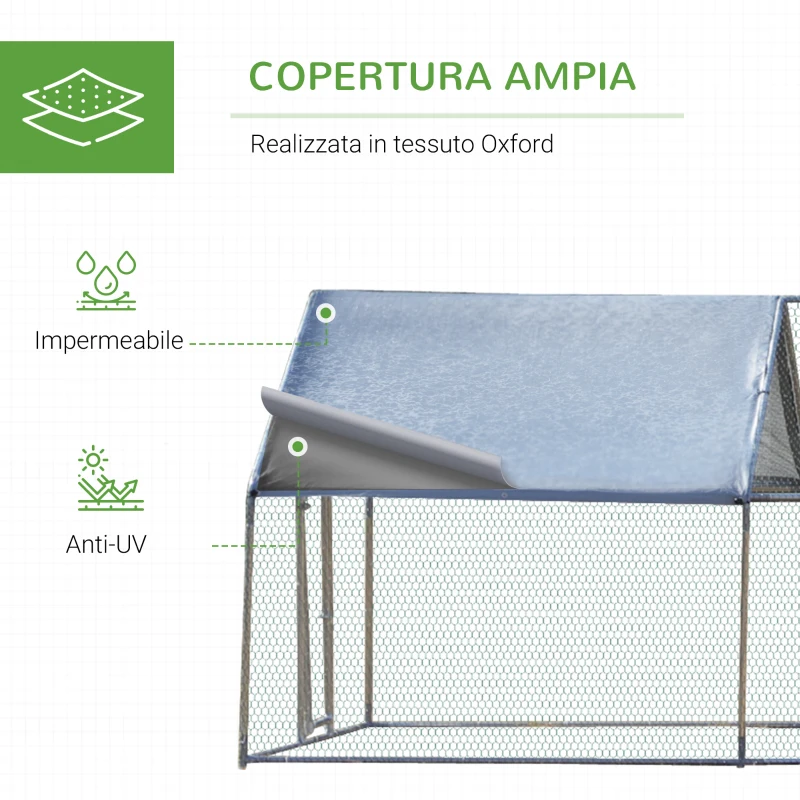 PawHut Pollaio per Galline in Metallo Zincato con Copertura Resistente Acqua e Raggi UV, 300x800x195cm