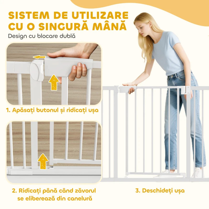 PawHut Poartă de Siguranță pentru Copii și Câini, Extensibilă 76-102 cm, Înaltă 76 cm, Poartă Automată, Montare prin Presiune fără Găuri, Alb