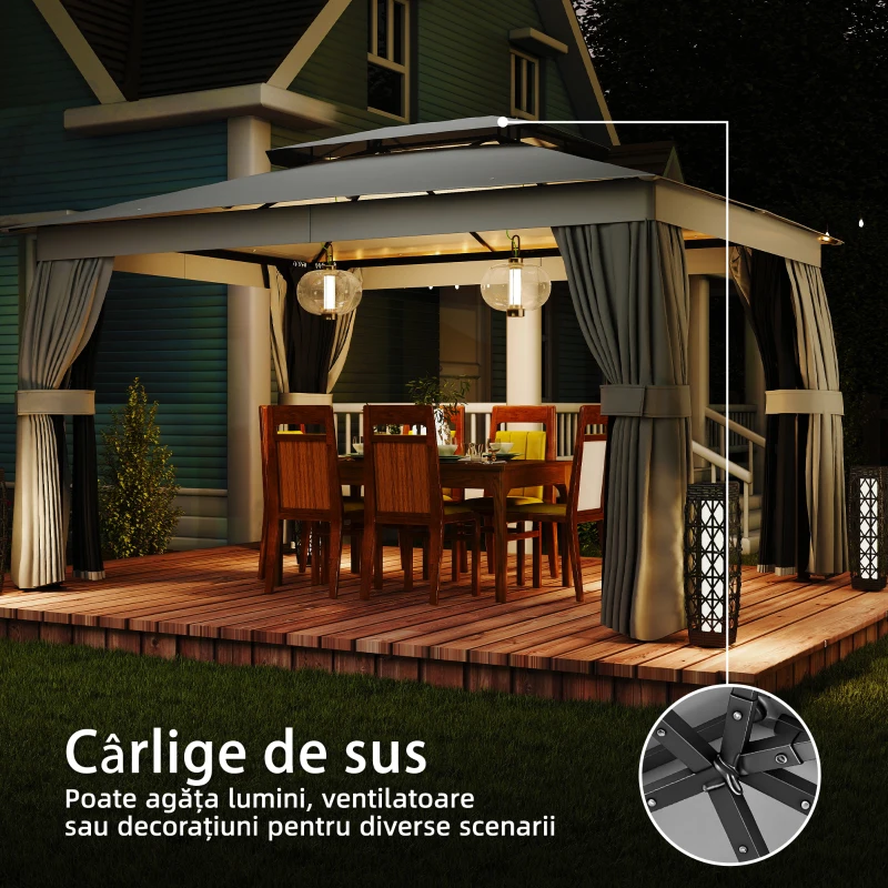 Outsunny Foișor de Grădină cu Acoperiș pe 2 Nivele, Plase de Țânțari și Perdele, din Metal și Poliester, 380x300x270 cm, Gri Închis