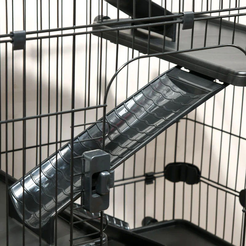 PawHut Cage pour lapin enclos à 5 niveaux avec 3 portes 5 rampes plateau amovible roulettes 81 x 52,5 x 159 cm noir et gris