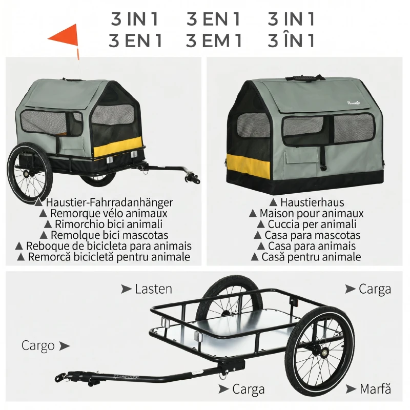 PawHut Remorcă 3 în 1 pentru câini cu căsuță detașabilă și steguleț pentru câini de talie mică, gri