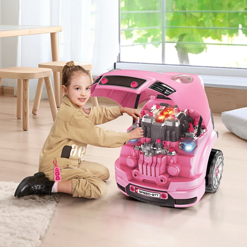 HOMCOM Motor de Caminhão para Crianças com 61 Peças Volante Buzina Faróis Caixa de Armazenamento e Rodas 40x39x47 cm Rosa