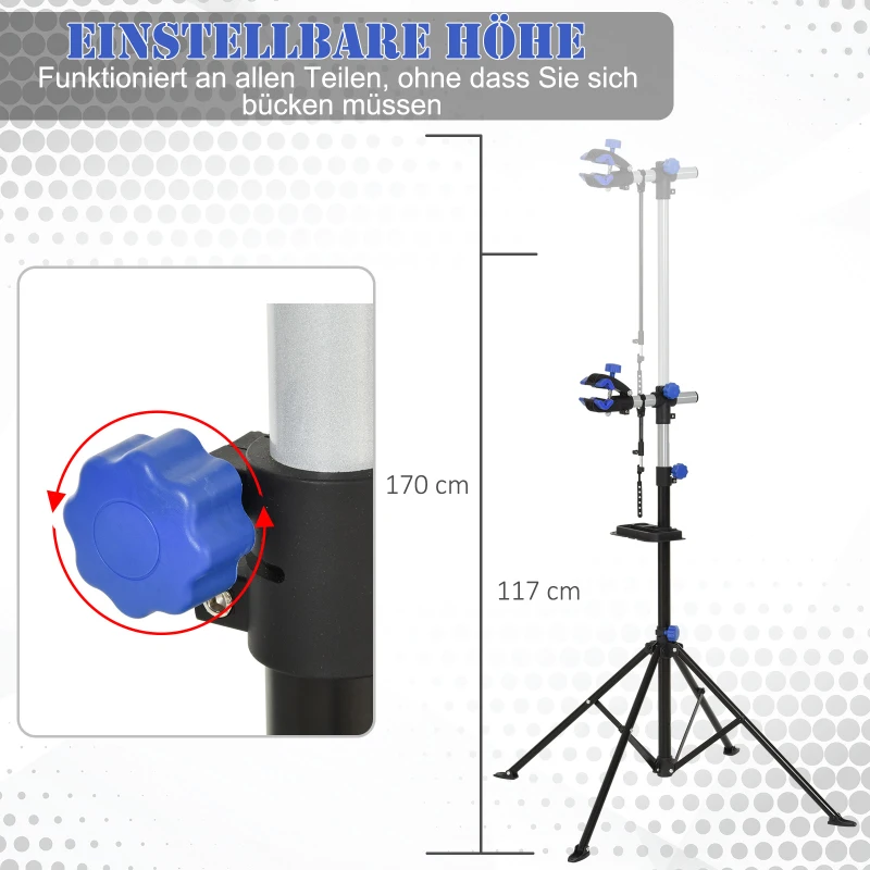 HOMCOM Fahrradmontageständer Zentrierständer Fahrradständer Reparaturständer vierbeinig mit Werkzeugablage Schwarz 144x144x117-170 cm