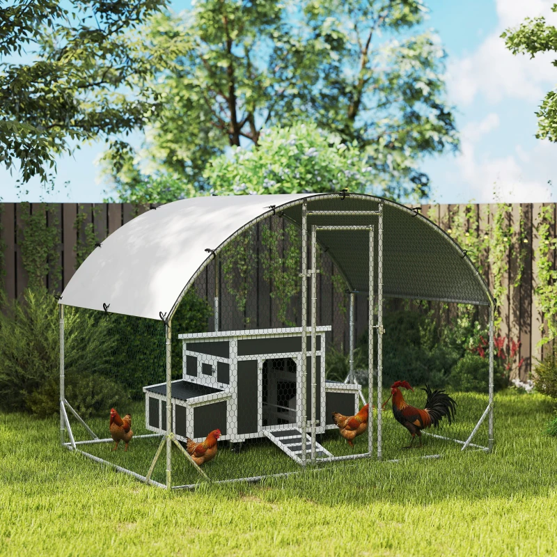 PawHut Conjunto de 1 Galinheiro de Madeira 147x93,5x89,5 cm e 1 Galinheiro grande em Aço Galvanizado 280x190x197cm Cinza