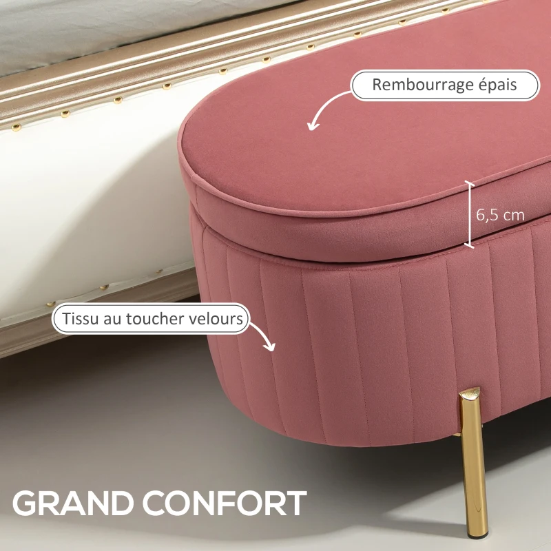HOMCOM Banc de rangement, bout de lit en velours avec couvercle, pieds en métal, capacité 72 L, 108x44x43,5cm, rose