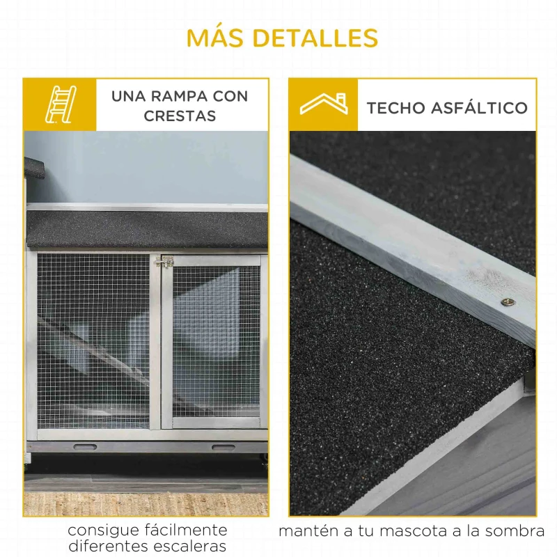 PawHut Conejera Exterior 157,4x53x99,5cm Jaula para Conejos Grande con Ruedas Techo Asfáltico Bandejas Extraíbles y Rampa Gris
