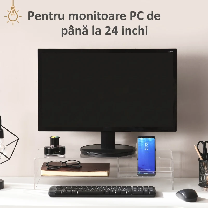 HOMCOM Suport Monitor PC max 24" cu 2 Rafturi Deschise, din Acril Transparent, 50.8x19x12 cm