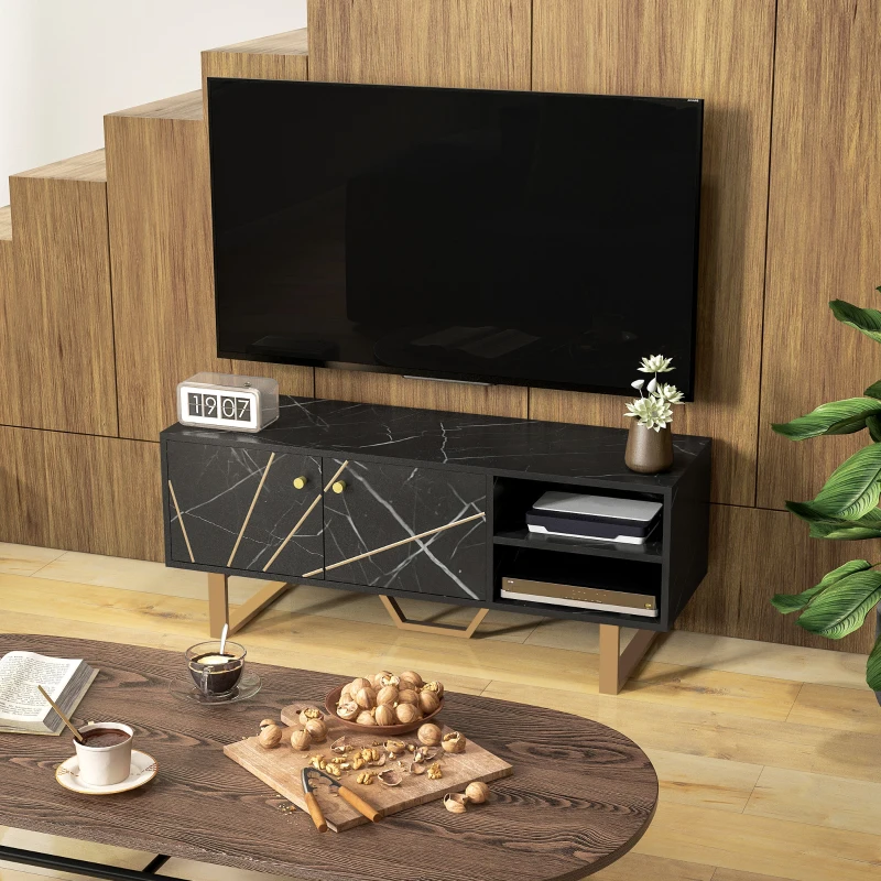 HOMCOM Móvel de TV com Prateleira Ajustável e Efeito Mármore Móvel de TV para Sala de Estar para Televisores de 50 Polegadas 110x35x45 cm Preto e Dourado