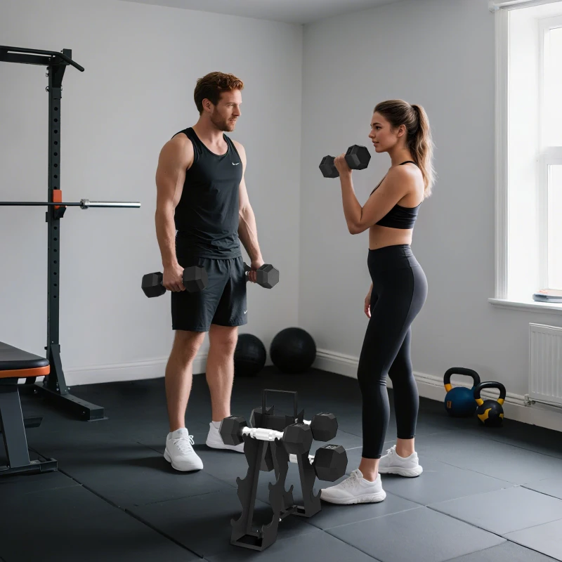 SPORTNOW Set Gantere Hexagonale cu Suport, 2 kg, 5 kg și 8 kg, Negru