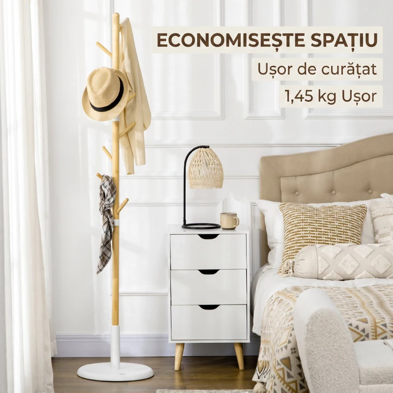 HOMCOM Cuier tip copac cu 8 cârlige și bază rotundă din bambus, lemn și metal, Ø37.8x175.6 cm, culoare lemn și alb
