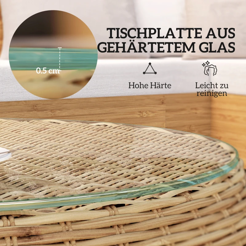Outsunny Beistelltisch aus Polyrattan runder Kaffeetisch Couchtisch mit Glas Tischplatte Ø75 x 42 cm Braun