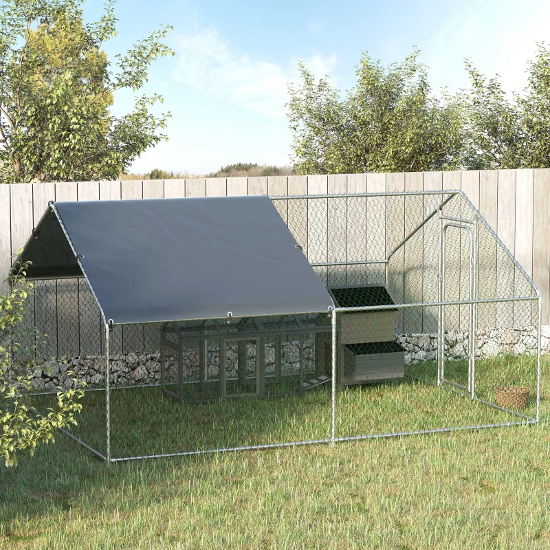 PawHut Coteț pentru Găini de Exterior din Metal cu Acoperiș din Material Oxford, 300x400x195 cm, Argintiu(m-10)