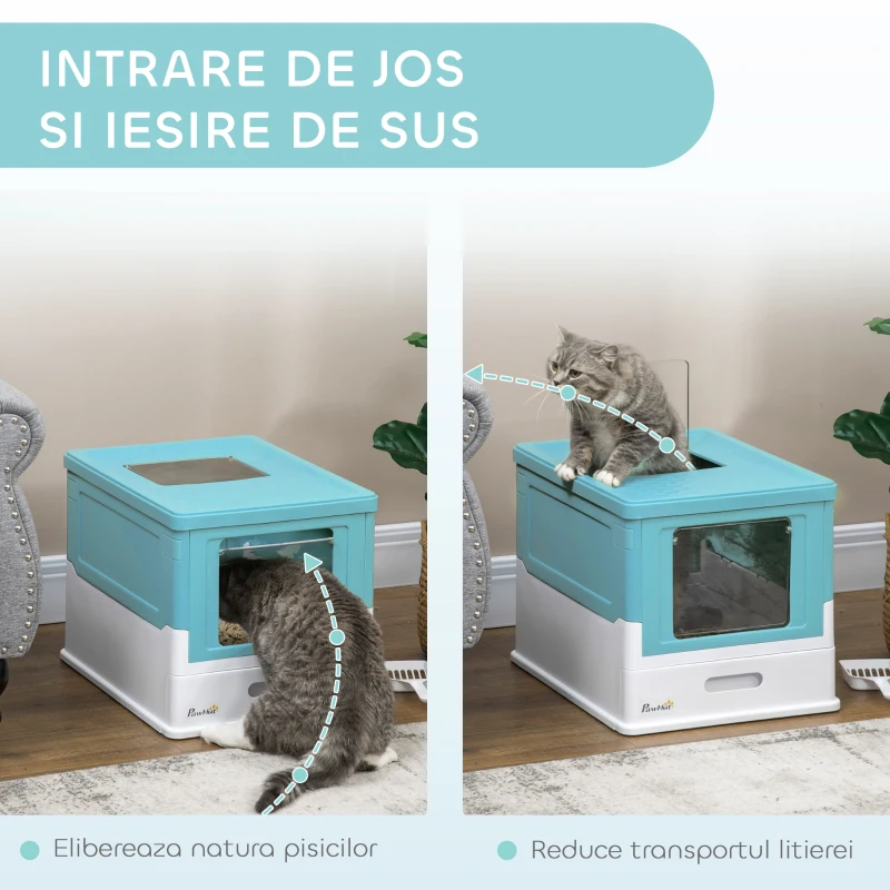 PawHut Litteră pentru Pisici Închisă cu Lopățică, Tavă Retractabilă și 2 Uși, 47.5x35.5x36.7cm, Albastră