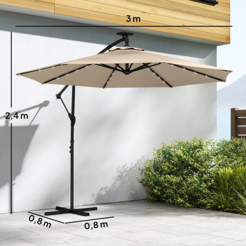 Outsunny Ampelschirm LED Solar ca. Ø300 cm Drehbar Sonnenschirm mit Kurbel Ständer Schutzhülle Beige