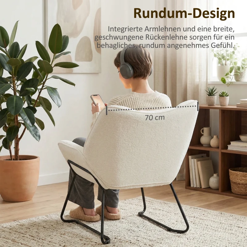 HOMCOM Moderner Akzentstuhl, Sherpa-Fleece gepolsterter Sessel mit breiter Rückenlehne und Stahlbeinen, einfache Montage, Weiß