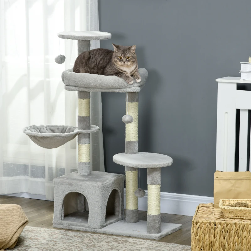 PawHut Arranhador para Gatos com Postes Arranhadores de Sisal Cova Plataformas e Bolas Suspensas 65x30x104 cm Cinzento Claro