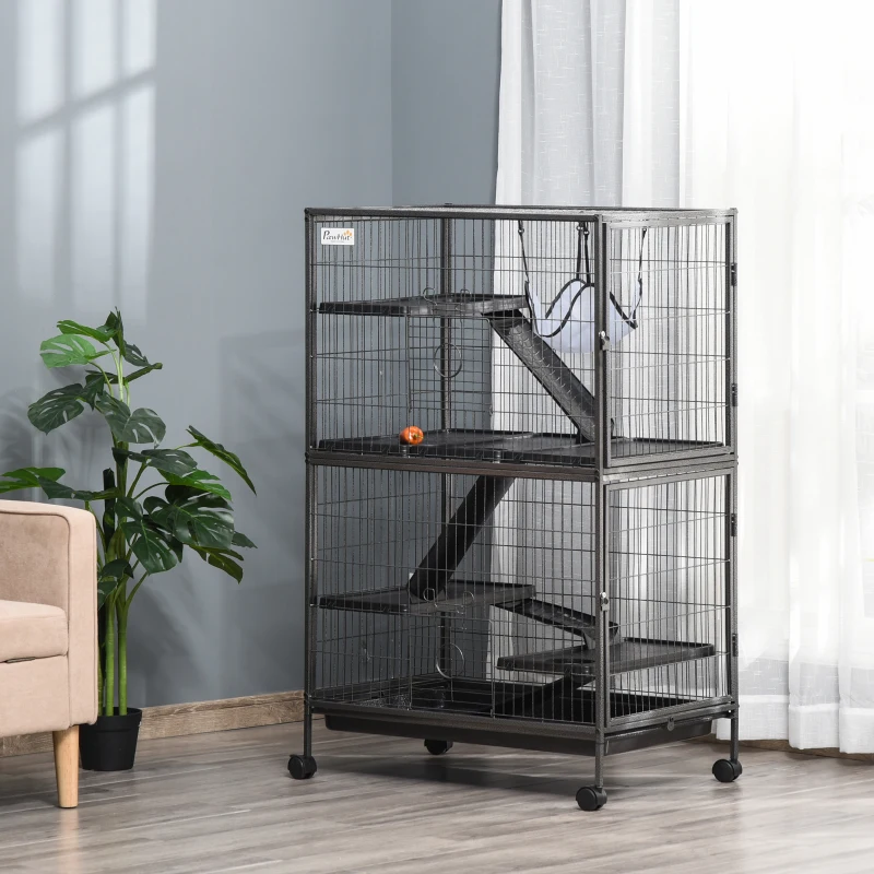Pawhut Cage pour rongeurs Multifonction 4 Plateformes 3 rampes 4 Portes dim. 80L x 52l x 128H cm métal Gris argenté Noir