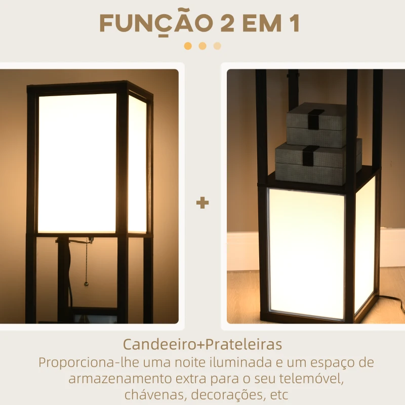 HOMCOM Candeeiro de Pé de Madeira com Prateleira Suporte para Lâmpada E27 Candeeiro Moderno 26x26x156 cm Preto e Branco