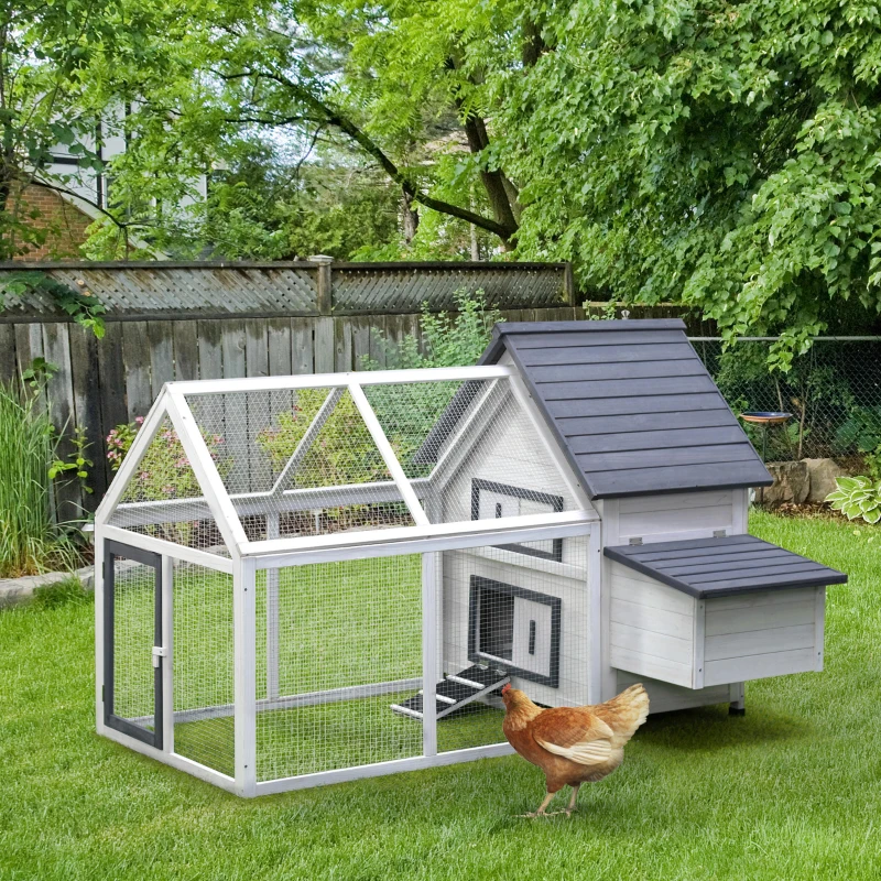 PawHut Gallinero de Madera para Exterior Jaula Grande de 2 Niveles 166x124x112 cm con Corral de Alambre Caja Nido Bandeja Extraíble y Rampa Gris y Blanco