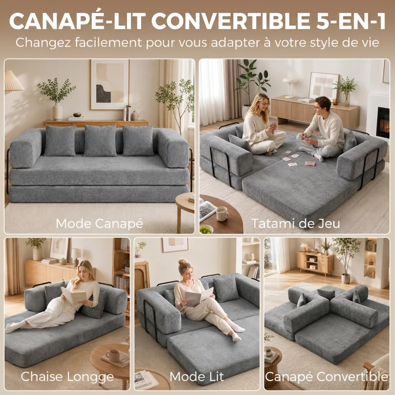 HOMCOM Canapé Convertible 3 Places Compressé 5 en 1, Canapé-Lit en Chenille 205cm, Assise Profonde, 2 Coussins, Gris