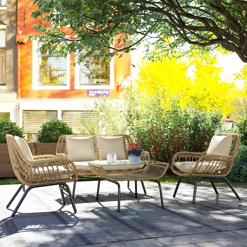 Outsunny Sitzgruppe, Outdoor Sitzgarnitur, Gartenmöbel Set mit Beistelltisch, Metall, Rattan, Beige, 118 x 69 x 73 cm