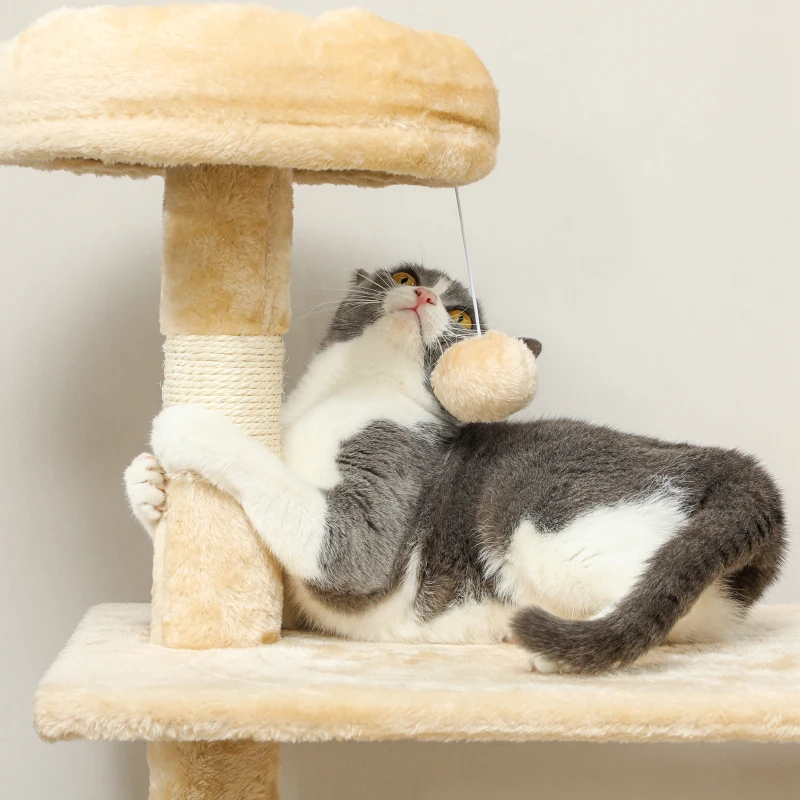 PawHut Árbol Rascador para Gatos Grande 70x40x152 cm Torre para Gatos con Múltiples Plataformas Cueva Hamaca Postes Beige