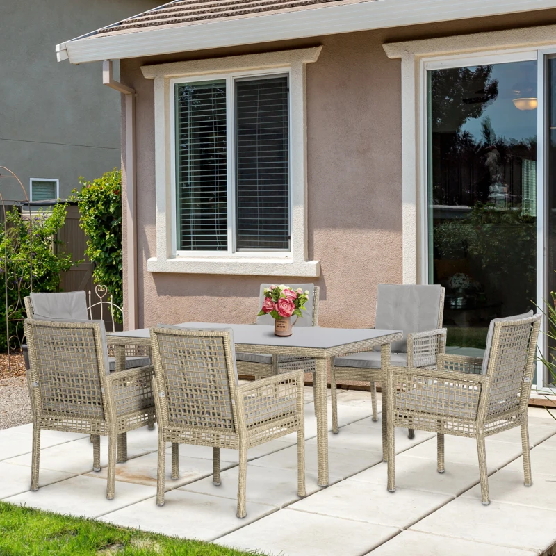 Outsunny Conjunto de Jardim Refeição de 7 Peças com 1 Mesa de Vidro e 6 Cadeiras de Vime Cinza e Natural