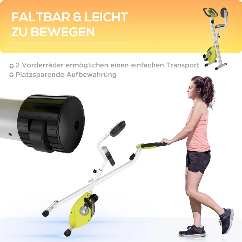 HOMCOM Heimtrainer Fahrradtrainer klappbar Magnetisch Hometrainer Fahrrad mit LCD Monitor, 8 stufig einstellbarem Magnetwiderstand Räder, Leise Platzsparend Fitnessbikes für Zuhause Gelb+Weiß